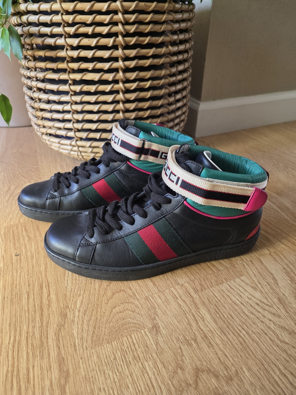 Gucci Black Leather High-Top Sneakers with Signature Web Stripe - Picture 3 of 8